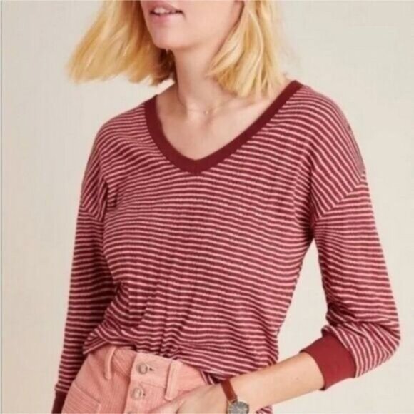 ANTHROPOLOGIE Hannah Striped V-Neck 3/4 Sleeve Top Sz XS - Picture 1 of 11